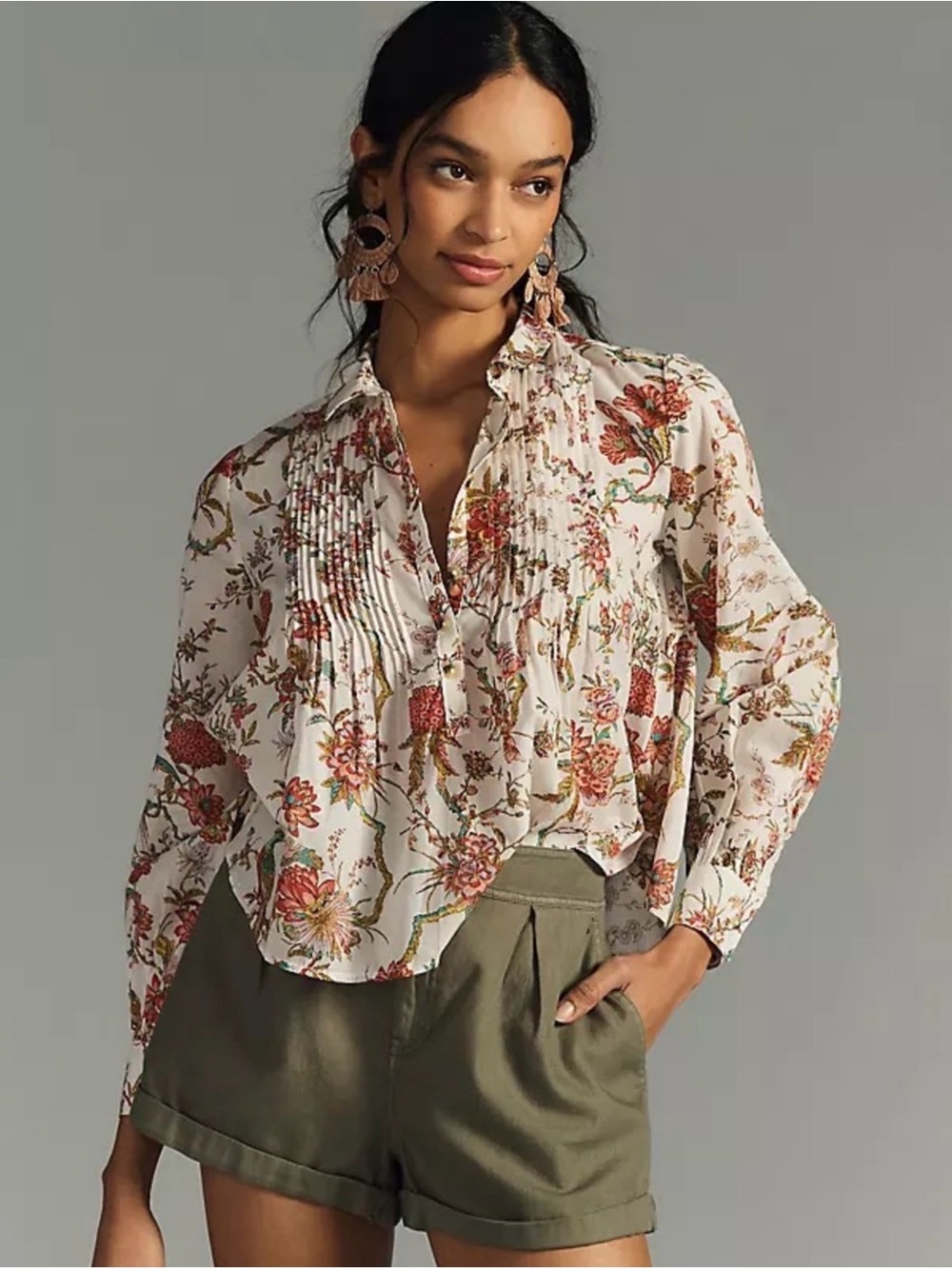 Pilcro Anthropologie Floral Bird Pintuck Blouse Boho Cottagecore Peasant Top S